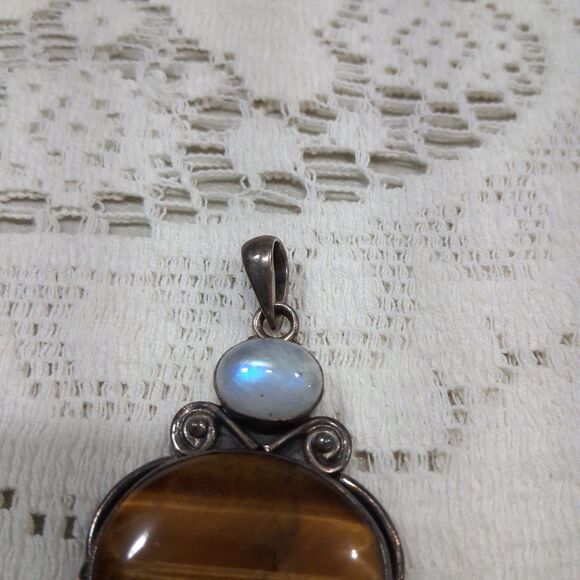 Vintage 925 Silver Real Tiger Eye & Moonstone Gemstone Oval Pendant Boho Hippie - Picture 6 of 16